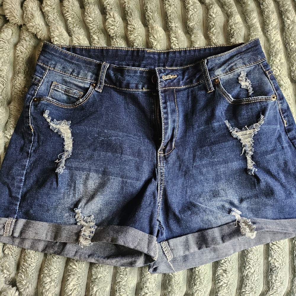 Blue Distressed Jean Shorts with Rolled Cuffs